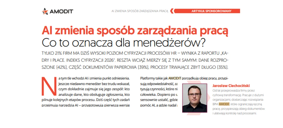 Nagłówek artykułu o wpływie AI na zarządzanie pracą oraz sylwetka Jarosława Ciechocińskiego