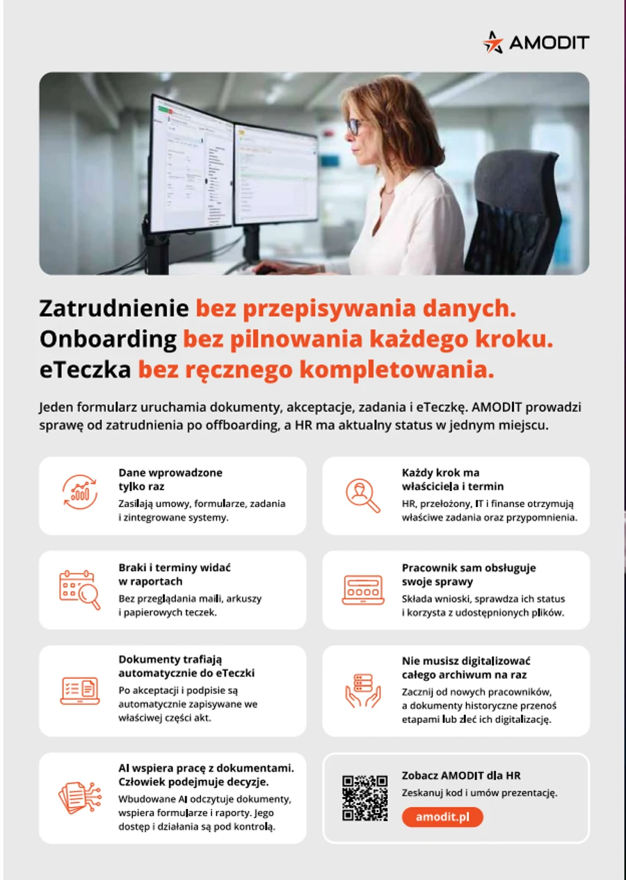 Materiał AMODIT pokazujący zatrudnienie, onboarding i eTeczkę jako połączony proces HR
