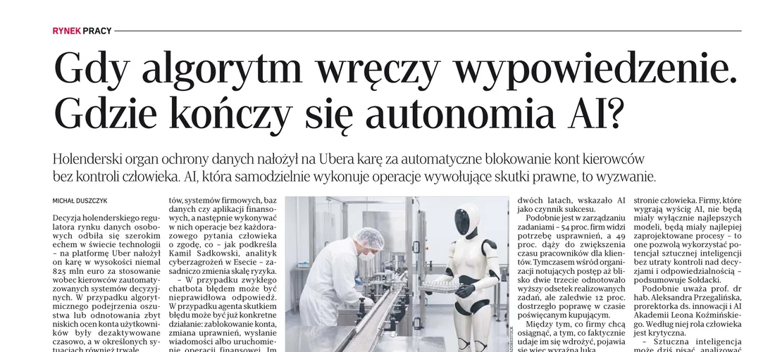Nagłówek artykułu „Gdy algorytm wręczy wypowiedzenie. Gdzie kończy się autonomia AI?” w dodatku „Rzeczpospolitej” o AI w biznesie