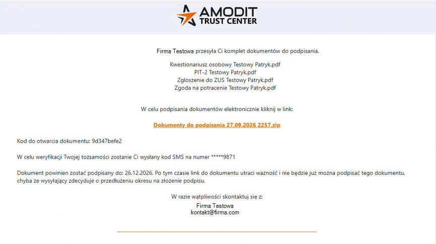 E-mail z kompletem dokumentów do podpisania w AMODIT Trust Center, dane testowe