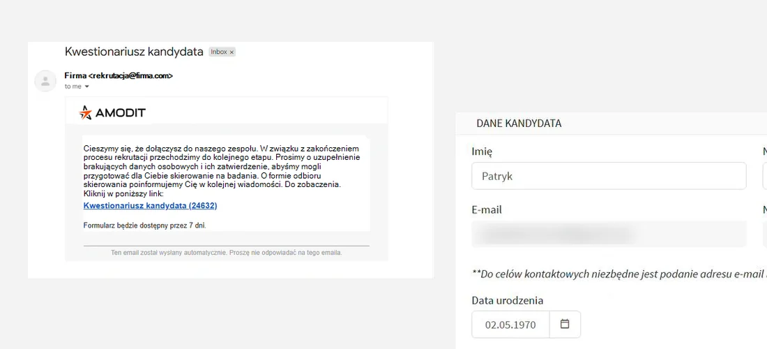 E-mail z linkiem do formularza kandydata i fragment formularza danych kandydata w AMODIT