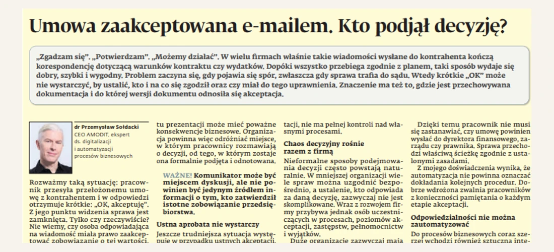 Nagłówek artykułu o akceptacji umów e-mailem oraz sylwetka Przemysława Sołdackiego