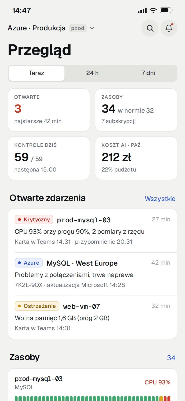 Mobilny widok przykładowego panelu operacyjnego z licznikami, otwartymi zdarzeniami i listą zasobów z historią ostatnich kontroli