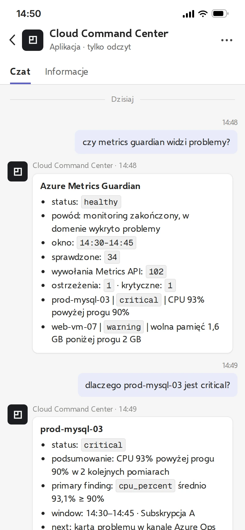 Czat z asystentem Cloud Command Center w Teams pokazujący stan monitoringu i przyczynę krytycznego obciążenia bazy