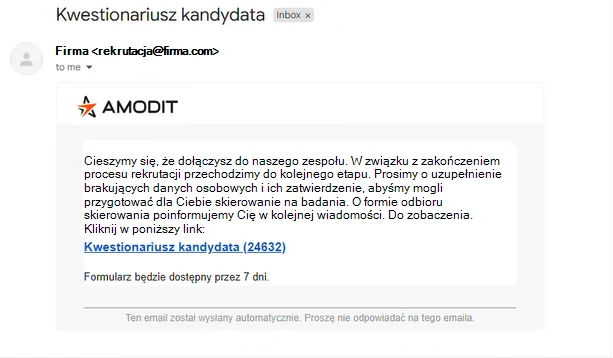 E-mail do kandydata z linkiem do formularza z danymi do uzupełnienia przed zatrudnieniem