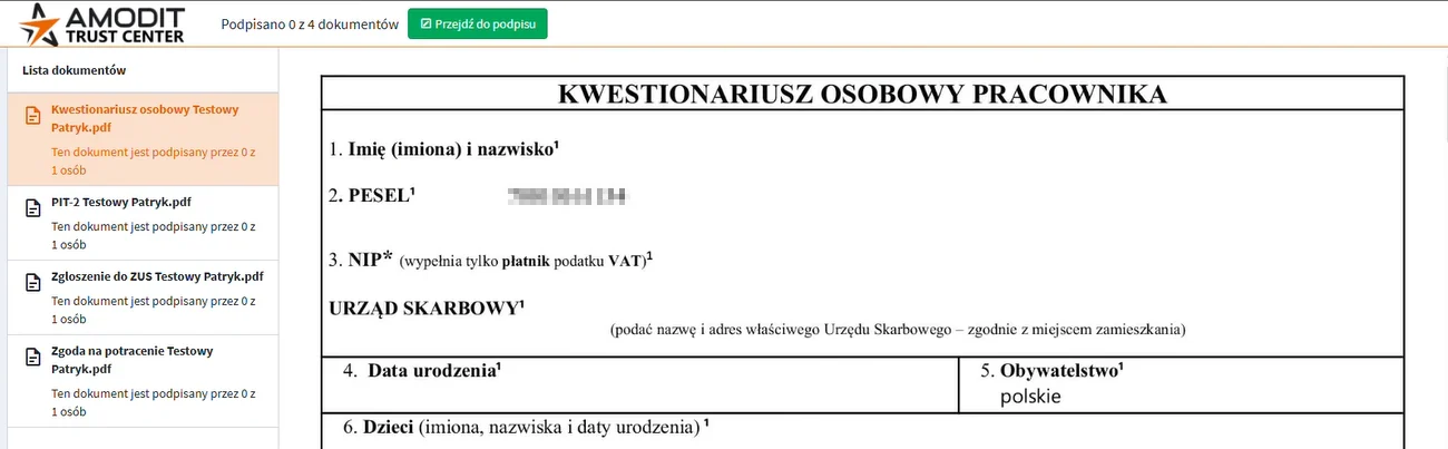 Lista czterech dokumentów do podpisu w AMODIT Trust Center: kwestionariusz osobowy, PIT-2, zgłoszenie do ZUS i zgoda na potrącenie