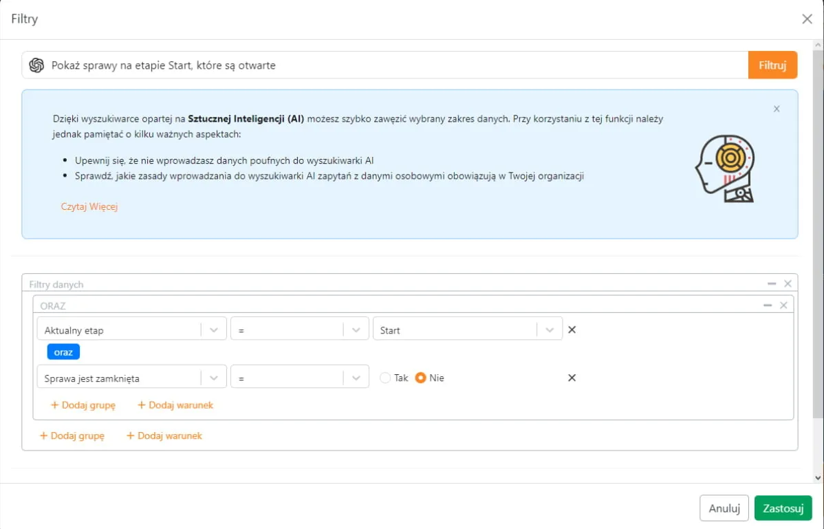 Panel Web Reports do graficznego definiowania filtrów oraz filtrowania danych z użyciem AI