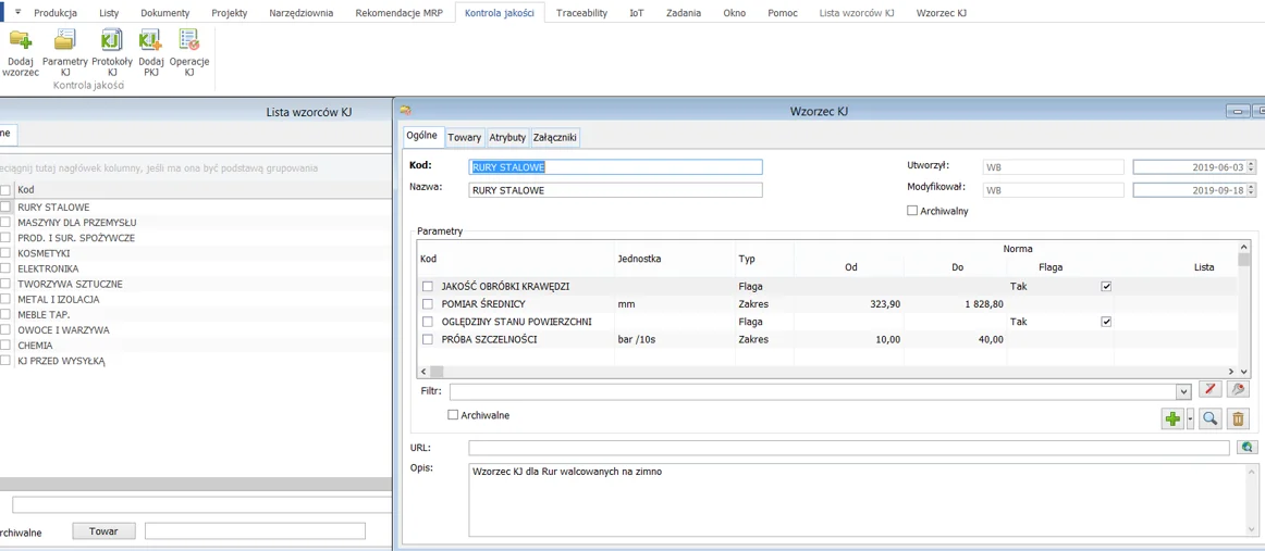 Ekran Comarch ERP XL z listą wzorców kontroli jakości i parametrami wzorca dla rur stalowych